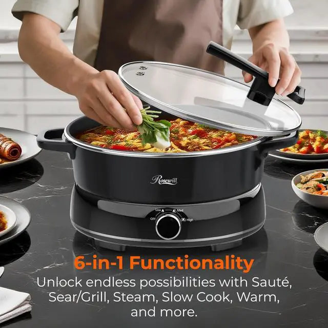 Alt view image 2 of 9 - Rosewill 12.7 QT Electric Hot Pot with Multiple Functions, Split Design with 11.8 inch Wider Cooking Pot and SUS Steam Basket, 1600W High Power, Includes Utensils - Black