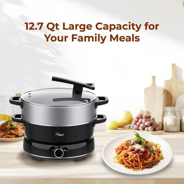 Alt view image 3 of 9 - Rosewill 12.7 QT Electric Hot Pot with Multiple Functions, Split Design with 11.8 inch Wider Cooking Pot and SUS Steam Basket, 1600W High Power, Includes Utensils - Black