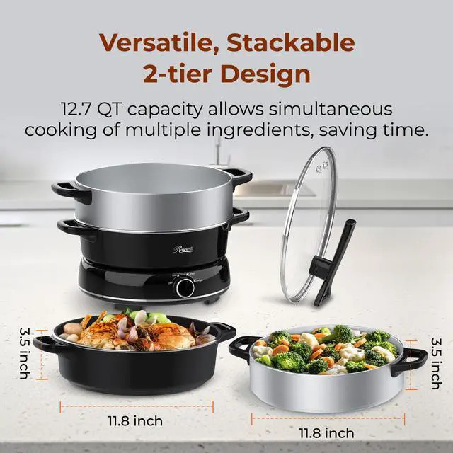 Alt view image 4 of 9 - Rosewill 12.7 QT Electric Hot Pot with Multiple Functions, Split Design with 11.8 inch Wider Cooking Pot and SUS Steam Basket, 1600W High Power, Includes Utensils - Black