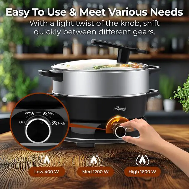Alt view image 7 of 9 - Rosewill 12.7 QT Electric Hot Pot with Multiple Functions, Split Design with 11.8 inch Wider Cooking Pot and SUS Steam Basket, 1600W High Power, Includes Utensils - Black