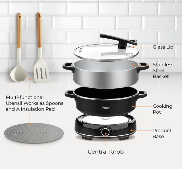 Alt view image 9 of 9 - Rosewill 12.7 QT Electric Hot Pot with Multiple Functions, Split Design with 11.8 inch Wider Cooking Pot and SUS Steam Basket, 1600W High Power, Includes Utensils - Black