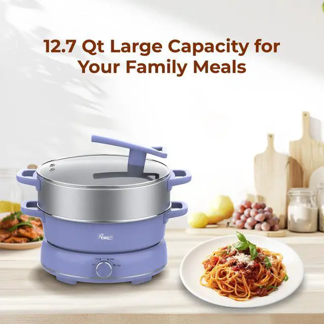 Alt view image 3 of 9 - Rosewill 12.7 QT Electric Hot Pot with Multiple Functions, Split Design with 11.8 inch Wider Cooking Pot and SUS Steam Basket, 1600W High Power, Includes Utensils - Iris