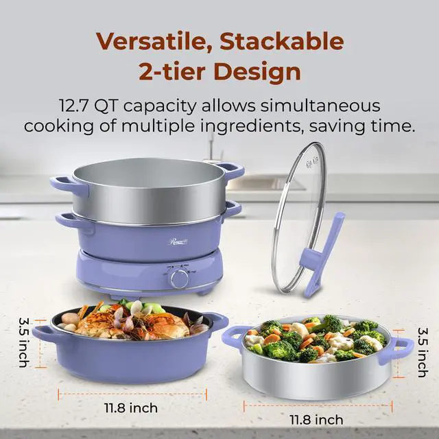 Alt view image 4 of 9 - Rosewill 12.7 QT Electric Hot Pot with Multiple Functions, Split Design with 11.8 inch Wider Cooking Pot and SUS Steam Basket, 1600W High Power, Includes Utensils - Iris