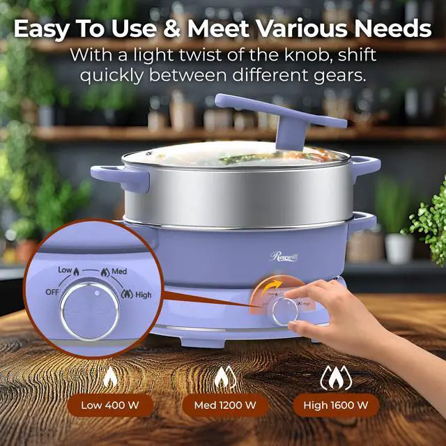 Alt view image 7 of 9 - Rosewill 12.7 QT Electric Hot Pot with Multiple Functions, Split Design with 11.8 inch Wider Cooking Pot and SUS Steam Basket, 1600W High Power, Includes Utensils - Iris