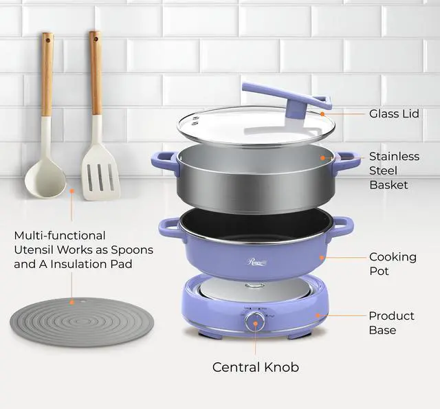 Alt view image 9 of 9 - Rosewill 12.7 QT Electric Hot Pot with Multiple Functions, Split Design with 11.8 inch Wider Cooking Pot and SUS Steam Basket, 1600W High Power, Includes Utensils - Iris