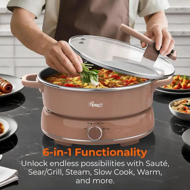 Alt view image 2 of 9 - Rosewill 12.7 QT Electric Hot Pot with Multiple Functions, Split Design with 11.8 inch Wider Cooking Pot and SUS Steam Basket, 1600W High Power, Includes Utensils - Mocha