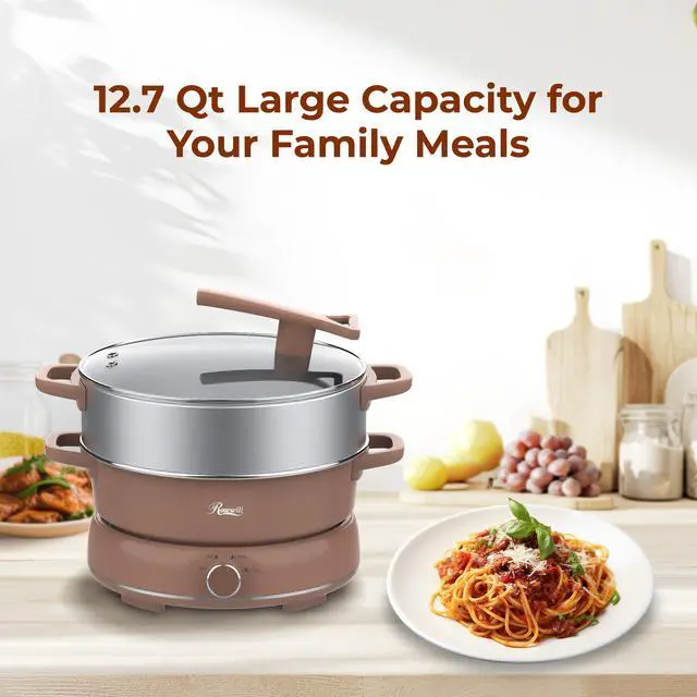 Alt view image 3 of 9 - Rosewill 12.7 QT Electric Hot Pot with Multiple Functions, Split Design with 11.8 inch Wider Cooking Pot and SUS Steam Basket, 1600W High Power, Includes Utensils - Mocha