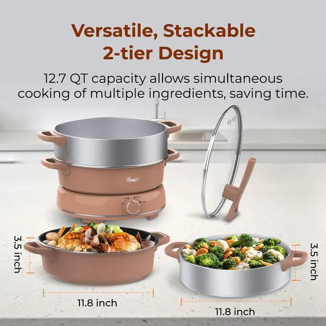 Alt view image 4 of 9 - Rosewill 12.7 QT Electric Hot Pot with Multiple Functions, Split Design with 11.8 inch Wider Cooking Pot and SUS Steam Basket, 1600W High Power, Includes Utensils - Mocha