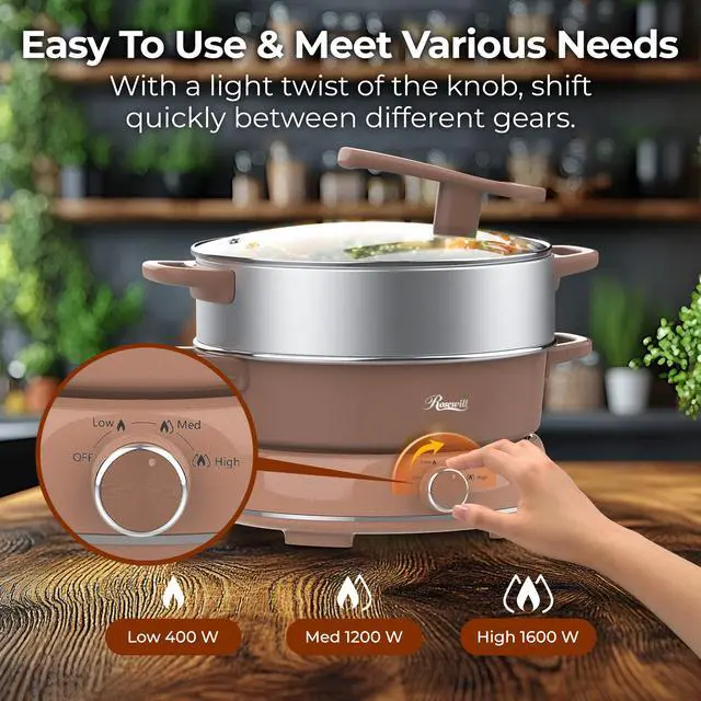 Alt view image 7 of 9 - Rosewill 12.7 QT Electric Hot Pot with Multiple Functions, Split Design with 11.8 inch Wider Cooking Pot and SUS Steam Basket, 1600W High Power, Includes Utensils - Mocha