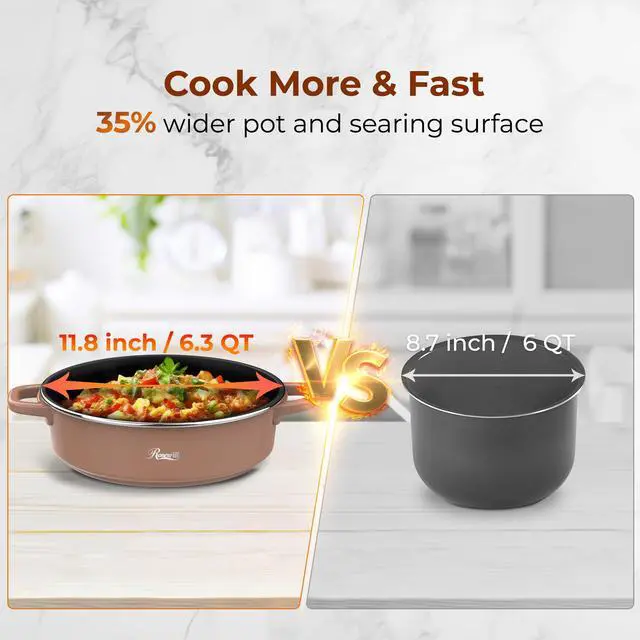 Alt view image 8 of 9 - Rosewill 12.7 QT Electric Hot Pot with Multiple Functions, Split Design with 11.8 inch Wider Cooking Pot and SUS Steam Basket, 1600W High Power, Includes Utensils - Mocha