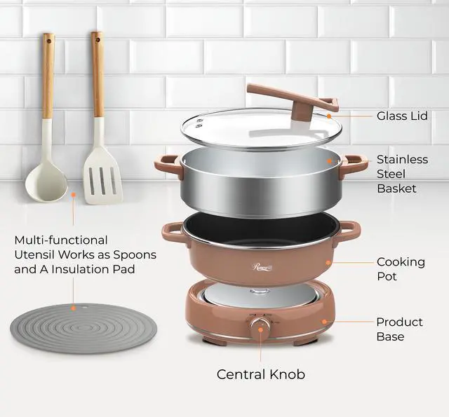 Alt view image 9 of 9 - Rosewill 12.7 QT Electric Hot Pot with Multiple Functions, Split Design with 11.8 inch Wider Cooking Pot and SUS Steam Basket, 1600W High Power, Includes Utensils - Mocha