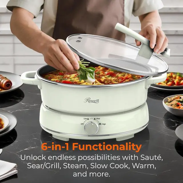 Alt view image 2 of 9 - Rosewill 12.7 QT Electric Hot Pot with Multiple Functions, Split Design with 11.8 inch Wider Cooking Pot and SUS Steam Basket, 1600W High Power, Includes Utensils - Light Green