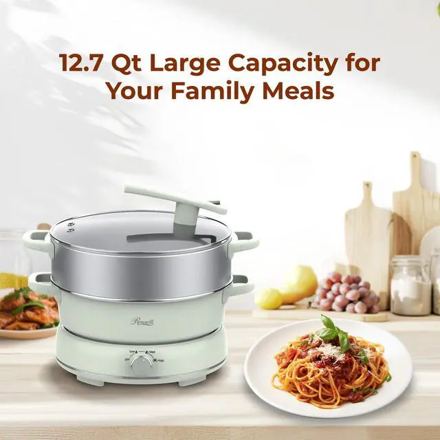 Alt view image 3 of 9 - Rosewill 12.7 QT Electric Hot Pot with Multiple Functions, Split Design with 11.8 inch Wider Cooking Pot and SUS Steam Basket, 1600W High Power, Includes Utensils - Light Green