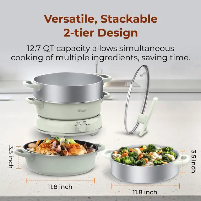 Alt view image 4 of 9 - Rosewill 12.7 QT Electric Hot Pot with Multiple Functions, Split Design with 11.8 inch Wider Cooking Pot and SUS Steam Basket, 1600W High Power, Includes Utensils - Light Green
