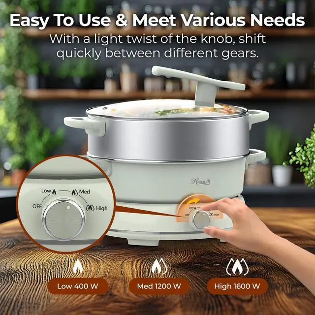 Alt view image 7 of 9 - Rosewill 12.7 QT Electric Hot Pot with Multiple Functions, Split Design with 11.8 inch Wider Cooking Pot and SUS Steam Basket, 1600W High Power, Includes Utensils - Light Green