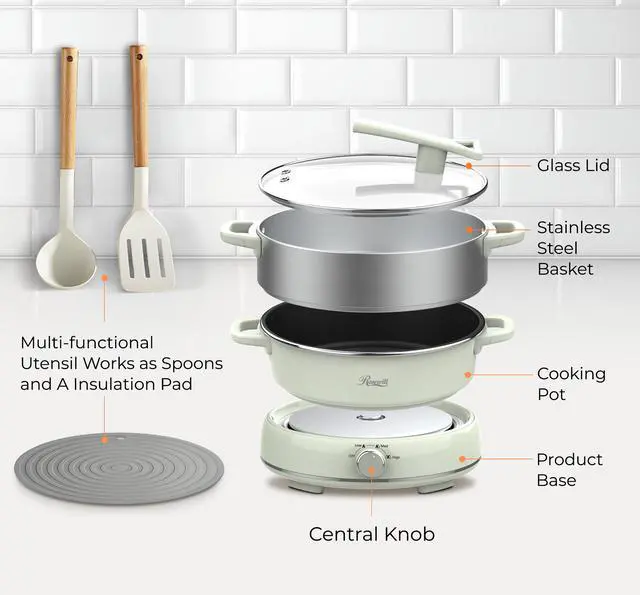 Alt view image 9 of 9 - Rosewill 12.7 QT Electric Hot Pot with Multiple Functions, Split Design with 11.8 inch Wider Cooking Pot and SUS Steam Basket, 1600W High Power, Includes Utensils - Light Green