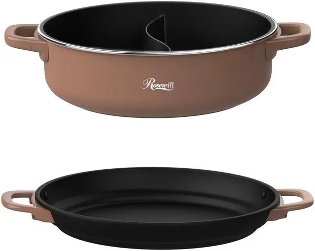 Main image of Rosewill 12.7 QT Electric Hot Pot Accessory Kit, Includes Dual-Sided Hot Pot and Shallow Fry Pan, with easy-to-carry Handle and Non-stick Coating - Mocha