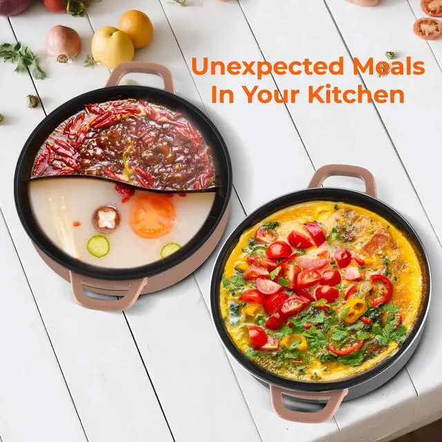 Alt view image 3 of 3 - Rosewill 12.7 QT Electric Hot Pot Accessory Kit, Includes Dual-Sided Hot Pot and Shallow Fry Pan, with easy-to-carry Handle and Non-stick Coating - Mocha