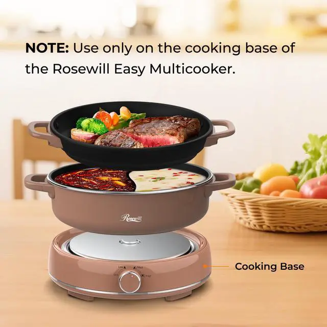 Alt view image 4 of 4 - Rosewill 12.7 QT Electric Hot Pot Accessory Kit, Includes Dual-Sided Hot Pot and Shallow Fry Pan, with easy-to-carry Handle and Non-stick Coating - Mocha