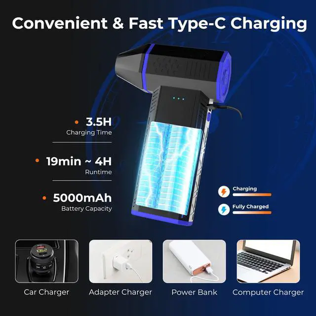 Alt view image 6 of 8 - Rosewill Electric Air Duster-110,000 RPM Super Power Cordless Compressed Air Duster, 3-Gear Adjustable Mini Blower with Fast Charging, Dust Blower for Computer, Keyboard, Pet, House, Outdoor and Car