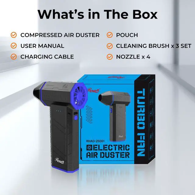 Alt view image 8 of 8 - Rosewill Electric Air Duster-110,000 RPM Super Power Cordless Compressed Air Duster, 3-Gear Adjustable Mini Blower with Fast Charging, Dust Blower for Computer, Keyboard, Pet, House, Outdoor and Car