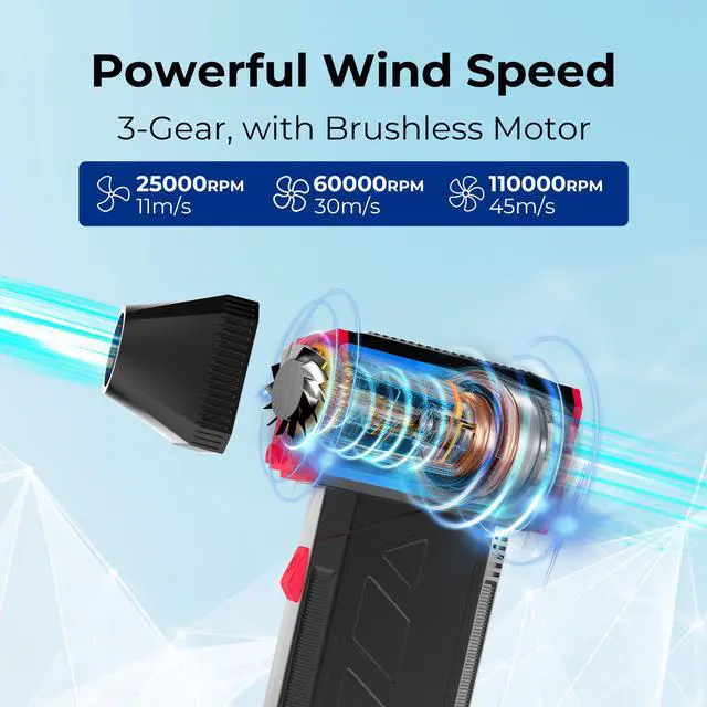 Alt view image 2 of 9 - Rosewill Electric Air Duster - 120,000 RPM Super Power Cordless Compressed Air Duster, 3-Gear Adjustable Mini Blower with Fast Charging, Dust Blower for Computer, Keyboard, Pet, House, Outdoor and Car