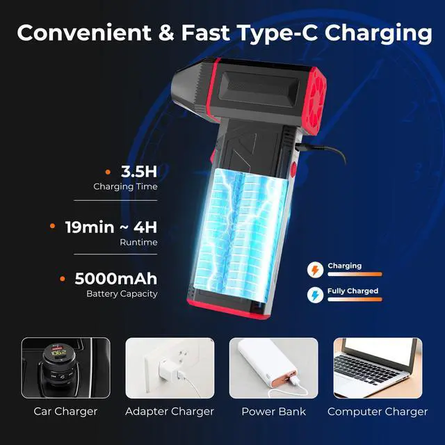 Alt view image 8 of 9 - Rosewill Electric Air Duster - 120,000 RPM Super Power Cordless Compressed Air Duster, 3-Gear Adjustable Mini Blower with Fast Charging, Dust Blower for Computer, Keyboard, Pet, House, Outdoor and Car