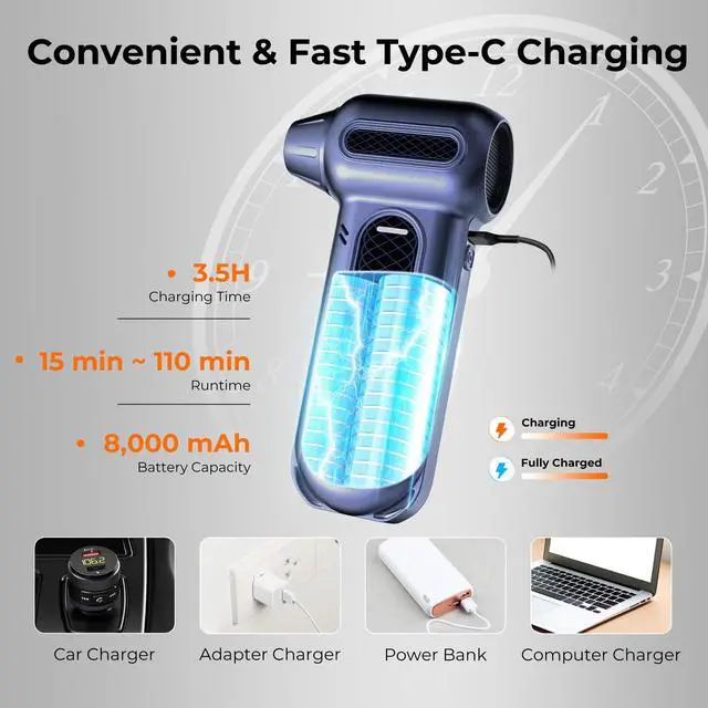 Alt view image 9 of 11 - Rosewill Electric Air Duster - 130,000 RPM Super Power Cordless Compressed with Turbo Mode, 4-Gear Adjustable Mini Blower with Fast Charging, Inflation and Suction, Dust Blower for Computer, Keyboard