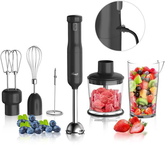 Main image of Rosewill 6-in-1 Multi-Speed Cordless Rechargeable Immersion Hand Blender,  Heavy Duty Motor - Stick Blender, Beaker, Whisk, Chopper, Dual Beater, Milk Frother - For Smoothies, Baby Food, Soup - Black