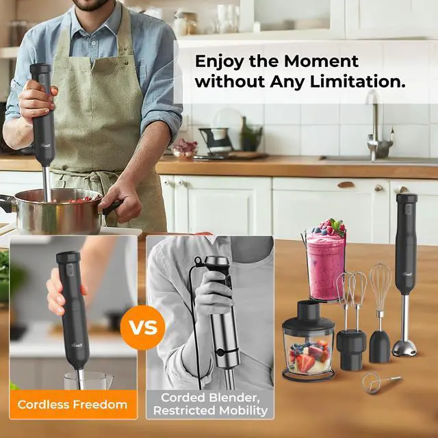 Alt view image 3 of 7 - Rosewill 6-in-1 Multi-Speed Cordless Rechargeable Immersion Hand Blender,  Heavy Duty Motor - Stick Blender, Beaker, Whisk, Chopper, Dual Beater, Milk Frother - For Smoothies, Baby Food, Soup - Black