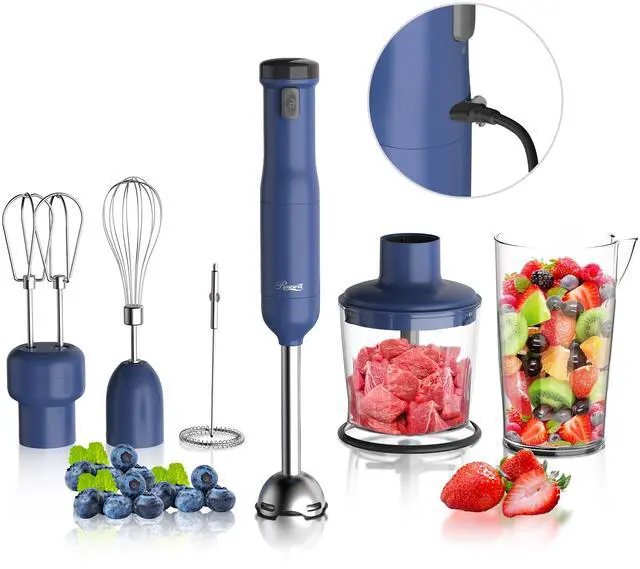 Main image of Rosewill 6-in-1 Multi-Speed Cordless Rechargeable Immersion Hand Blender,  Heavy Duty Motor - Stick Blender, Beaker, Whisk, Chopper, Dual Beater, Milk Frother - For Smoothies, Baby Food, Soup - Blue