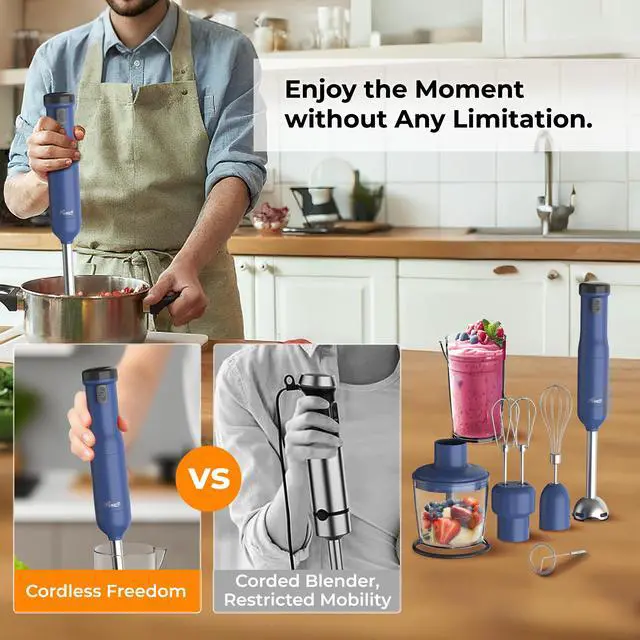 Alt view image 3 of 8 - Rosewill 6-in-1 Multi-Speed Cordless Rechargeable Immersion Hand Blender,  Heavy Duty Motor - Stick Blender, Beaker, Whisk, Chopper, Dual Beater, Milk Frother - For Smoothies, Baby Food, Soup - Blue