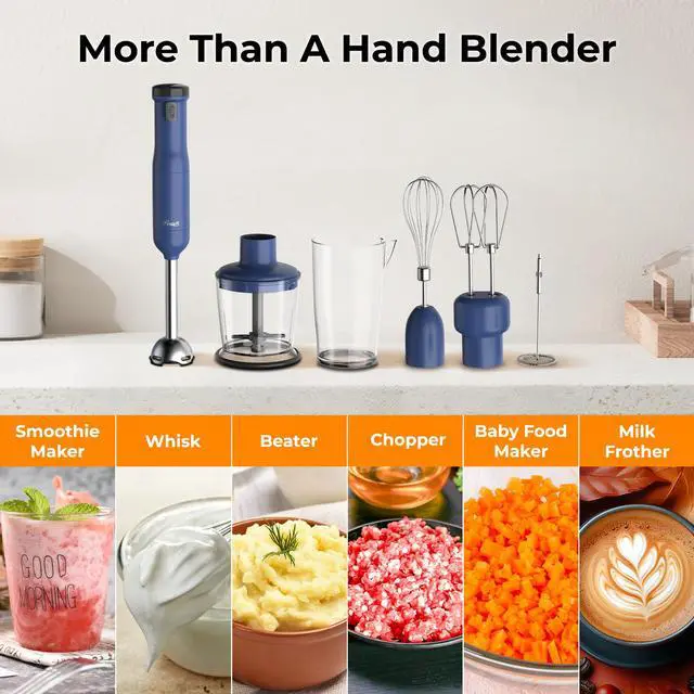 Alt view image 4 of 8 - Rosewill 6-in-1 Multi-Speed Cordless Rechargeable Immersion Hand Blender,  Heavy Duty Motor - Stick Blender, Beaker, Whisk, Chopper, Dual Beater, Milk Frother - For Smoothies, Baby Food, Soup - Blue