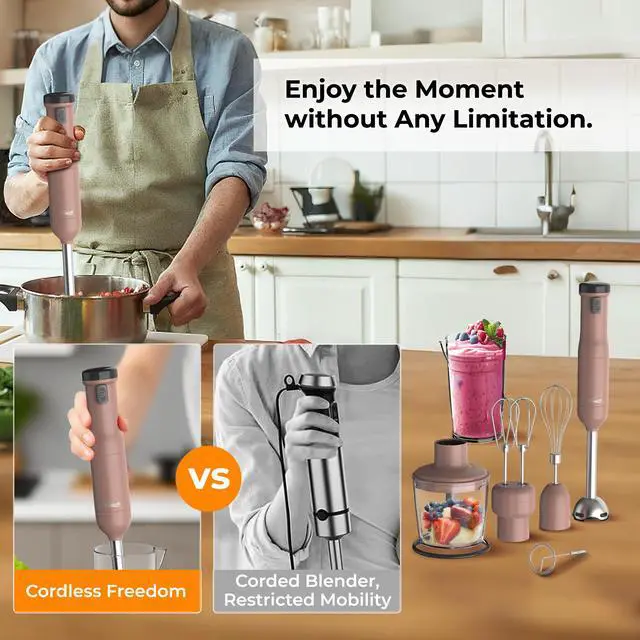 Alt view image 3 of 8 - Rosewill 6-in-1 Multi-Speed Cordless Rechargeable Immersion Hand Blender,  Heavy Duty Motor - Stick Blender, Beaker, Whisk, Chopper, Dual Beater, Milk Frother - For Smoothies, Baby Food, Soup - Mocha