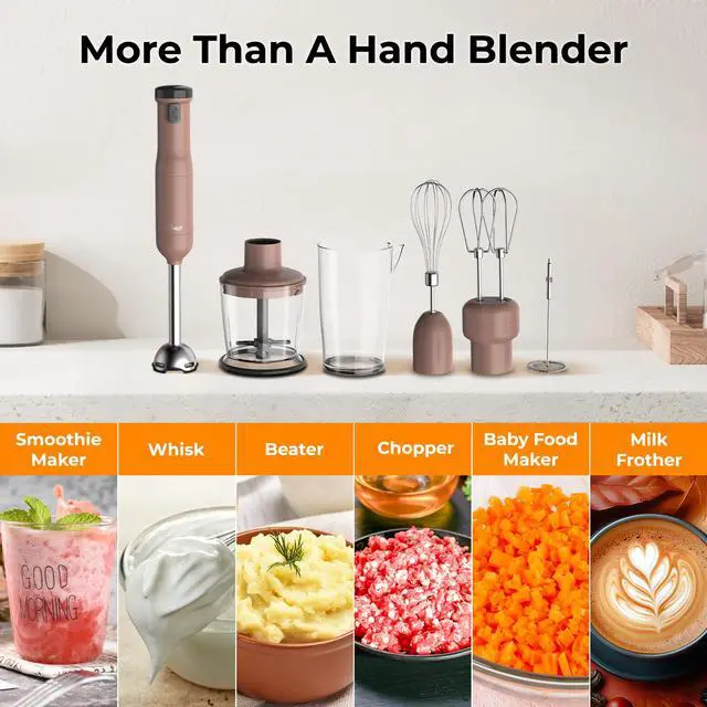 Alt view image 4 of 8 - Rosewill 6-in-1 Multi-Speed Cordless Rechargeable Immersion Hand Blender,  Heavy Duty Motor - Stick Blender, Beaker, Whisk, Chopper, Dual Beater, Milk Frother - For Smoothies, Baby Food, Soup - Mocha