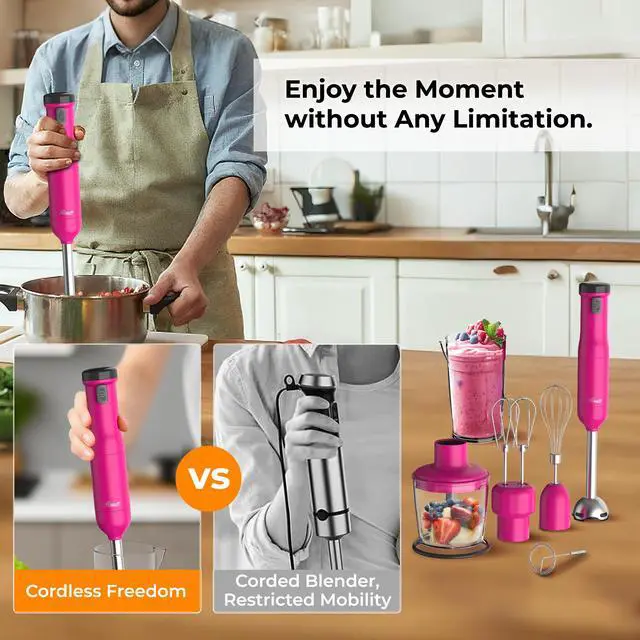 Alt view image 3 of 8 - Rosewill 6-in-1 Multi-Speed Cordless Rechargeable Immersion Hand Blender, Heavy Duty Motor - Stick Blender, Beaker, Whisk, Chopper, Dual Beater, Milk Frother - For Smoothies, Baby Food, Soup - Rose