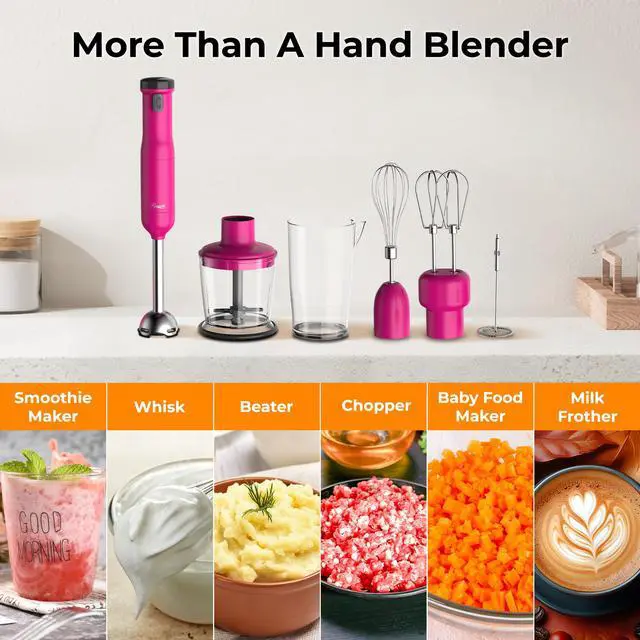 Alt view image 4 of 8 - Rosewill 6-in-1 Multi-Speed Cordless Rechargeable Immersion Hand Blender, Heavy Duty Motor - Stick Blender, Beaker, Whisk, Chopper, Dual Beater, Milk Frother - For Smoothies, Baby Food, Soup - Rose