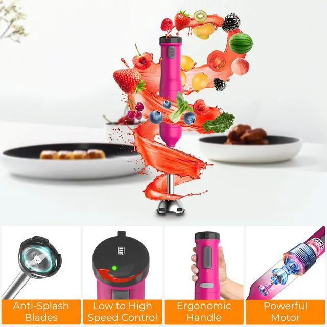 Alt view image 6 of 8 - Rosewill 6-in-1 Multi-Speed Cordless Rechargeable Immersion Hand Blender, Heavy Duty Motor - Stick Blender, Beaker, Whisk, Chopper, Dual Beater, Milk Frother - For Smoothies, Baby Food, Soup - Rose