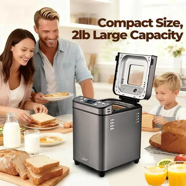 Alt view image 2 of 7 - Rosewill 25-in-1 Automatic Bread Maker Machine with 3 Loaf Size up to 2LB, 700W High Power Dual Heater Bread Maker with BPA-free Nonstick Coating Pan, Max 15 Hours Delay Timer, Low Noise - Gray