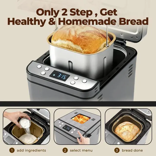 Alt view image 4 of 7 - Rosewill 25-in-1 Automatic Bread Maker Machine with 3 Loaf Size up to 2LB, 700W High Power Dual Heater Bread Maker with BPA-free Nonstick Coating Pan, Max 15 Hours Delay Timer, Low Noise - Gray