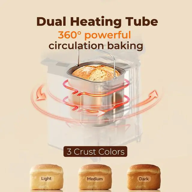 Alt view image 5 of 7 - Rosewill 25-in-1 Automatic Bread Maker Machine with 3 Loaf Size up to 2LB, 700W High Power Dual Heater Bread Maker with BPA-free Nonstick Coating Pan, Max 15 Hours Delay Timer, Low Noise - Gray