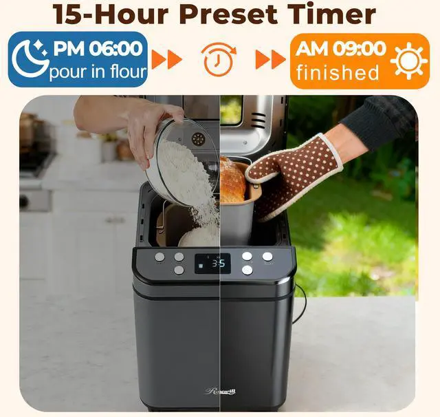 Alt view image 6 of 7 - Rosewill 25-in-1 Automatic Bread Maker Machine with 3 Loaf Size up to 2LB, 700W High Power Dual Heater Bread Maker with BPA-free Nonstick Coating Pan, Max 15 Hours Delay Timer, Low Noise - Gray