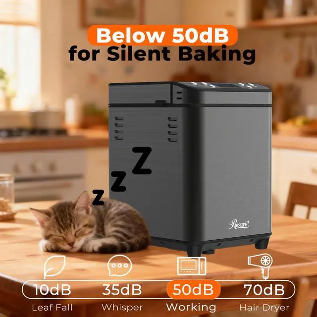 Alt view image 7 of 7 - Rosewill 25-in-1 Automatic Bread Maker Machine with 3 Loaf Size up to 2LB, 700W High Power Dual Heater Bread Maker with BPA-free Nonstick Coating Pan, Max 15 Hours Delay Timer, Low Noise - Gray