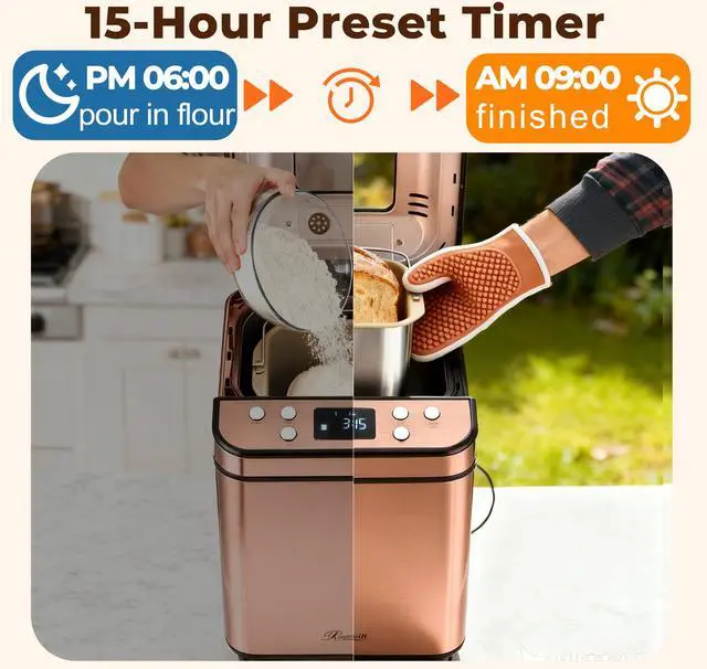 Alt view image 6 of 7 - Rosewill 25-in-1 Automatic Bread Maker Machine with 3 Loaf Size up to 2LB, 700W High Power Dual Heater Bread Maker with BPA-free Nonstick Coating Pan, Max 15 Hours Delay Timer, Low Noise - Cinnamon