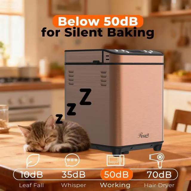 Alt view image 7 of 7 - Rosewill 25-in-1 Automatic Bread Maker Machine with 3 Loaf Size up to 2LB, 700W High Power Dual Heater Bread Maker with BPA-free Nonstick Coating Pan, Max 15 Hours Delay Timer, Low Noise - Cinnamon