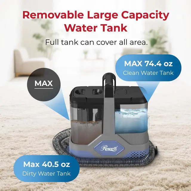 Alt view image 4 of 8 - Rosewill Multi-Purpose Portable Carpet and Upholstery Cleaner with 74.4 oz Large Water Tank, Self Cleaning, Powerful Suction 17 KPa Spot Cleaner, 600W Motor, 4 Tools for Pets, Car, Couch and Stairs