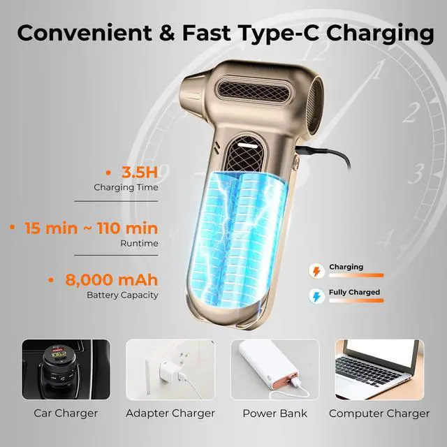 Alt view image 8 of 9 - Rosewill Electric Air Duster - 130,000 RPM Super Power Cordless Compressed with Turbo Mode, 4-Gear Adjustable Mini Blower with Fast Charging, Inflation and Suction, Dust Blower for Computer, Keyboard