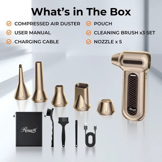 Alt view image 9 of 9 - Rosewill Electric Air Duster - 130,000 RPM Super Power Cordless Compressed with Turbo Mode, 4-Gear Adjustable Mini Blower with Fast Charging, Inflation and Suction, Dust Blower for Computer, Keyboard