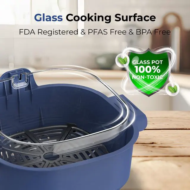 Alt view image 2 of 7 - Rosewill 4-in-1 Portable Glass Air Fryer, 4.7QT Transparent Glass Cooking Pot with Storage Lid & Tongs, Compact Smart for Deep Roast, Recrisp, Keep Warm – Navy Blue