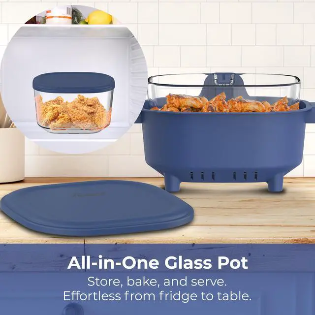 Alt view image 3 of 7 - Rosewill 4-in-1 Portable Glass Air Fryer, 4.7QT Transparent Glass Cooking Pot with Storage Lid & Tongs, Compact Smart for Deep Roast, Recrisp, Keep Warm – Navy Blue